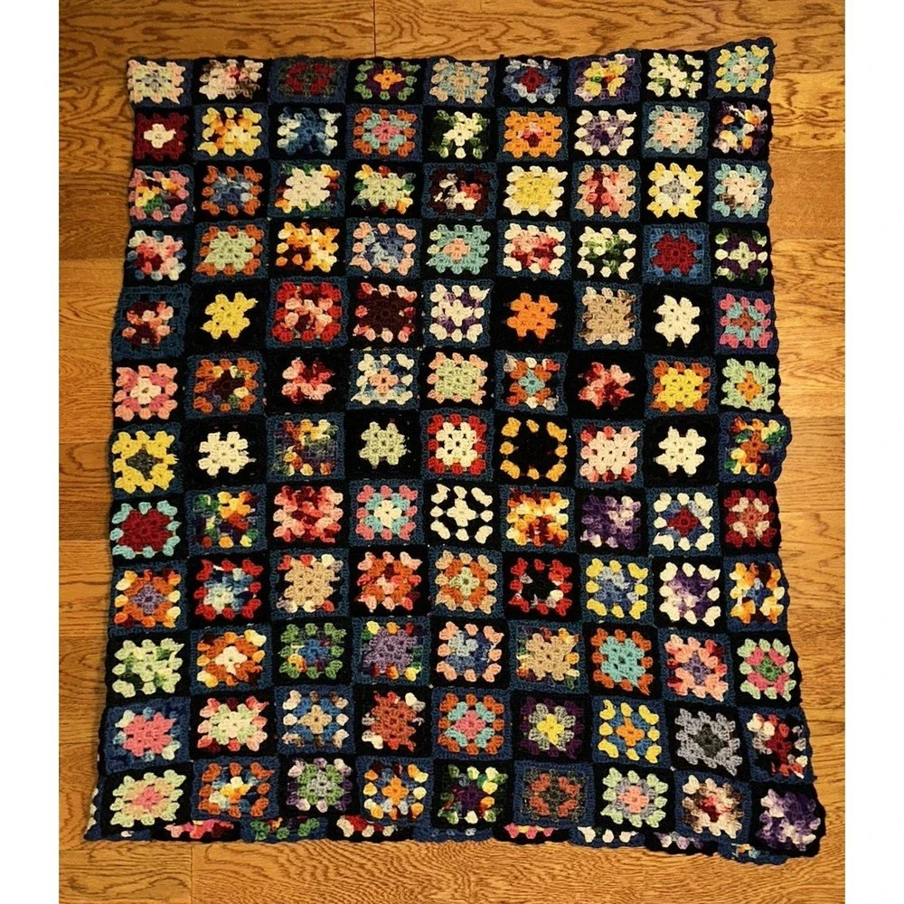 VTG 60's Colorful Granny Square Crochet Afghan Blanket Wool 41